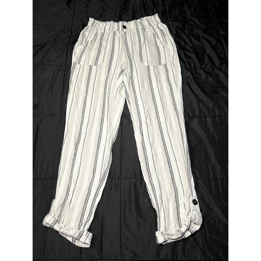 SO stripe minimalist linen coastal pull on pants womens medium boho chic flowy‎